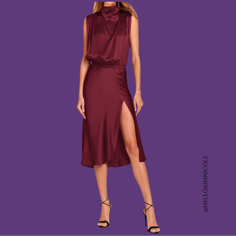 Women Summer Formal Mock Neck Sleeveless Satin Dress Elastic Waist Slit Midi